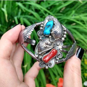 Turquoise coral and silver Navajo cuff